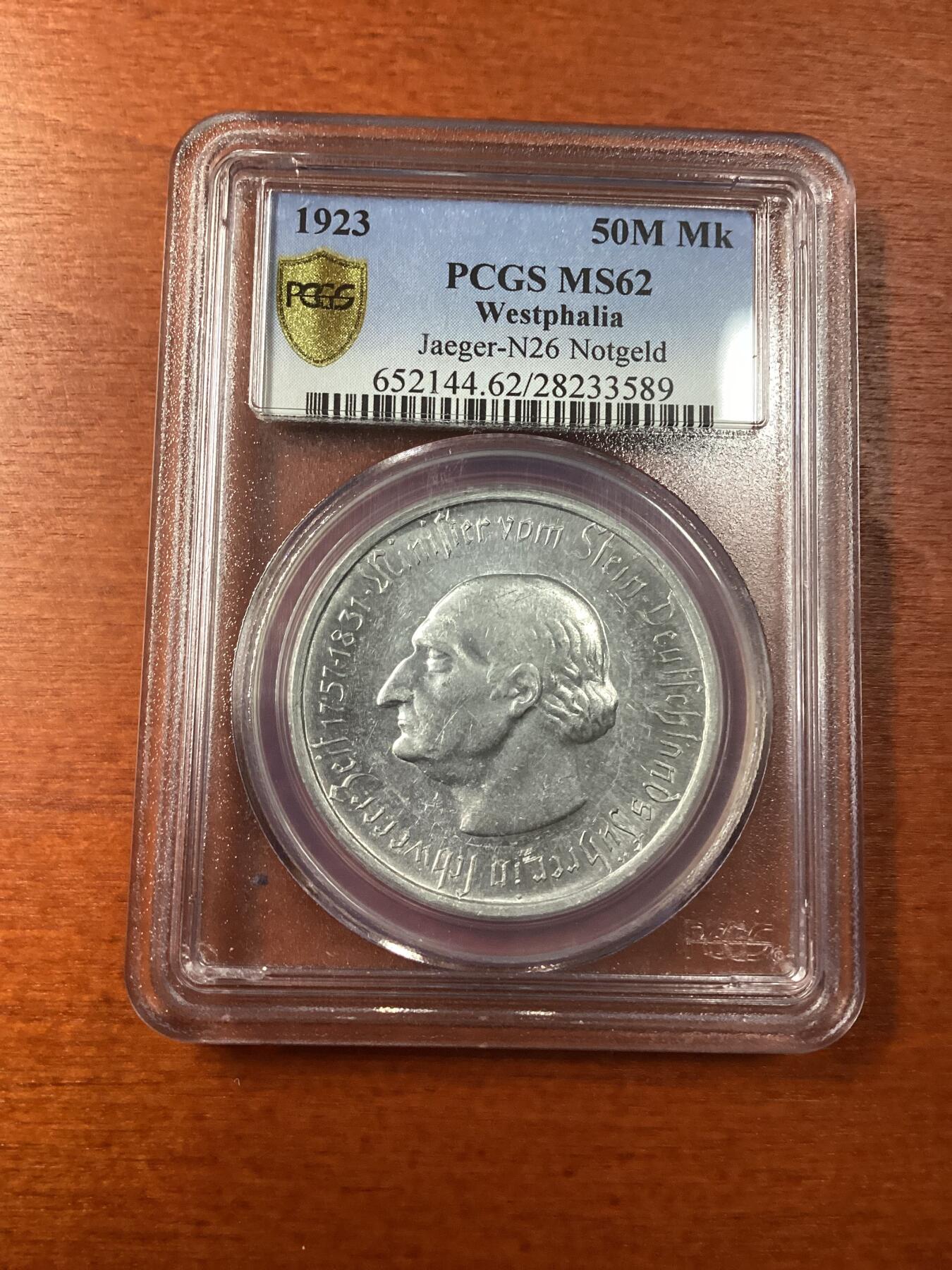 长老汇龙年精选第九场拍卖 1923 德国威斯特法兰德紧斯坦伯爵马币5千万马克3行，PCGS MS62，更高33枚