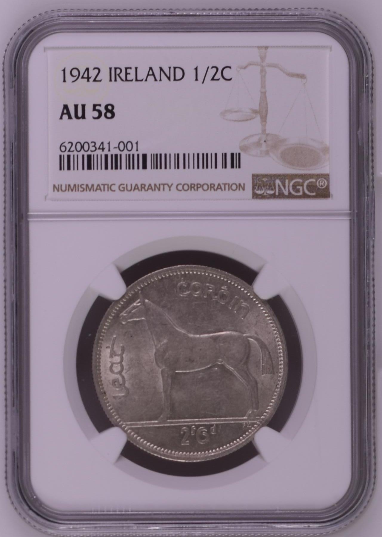 长老汇龙年精选第九场拍卖 1942 爱尔兰马1/2克朗银币，NGC AU58