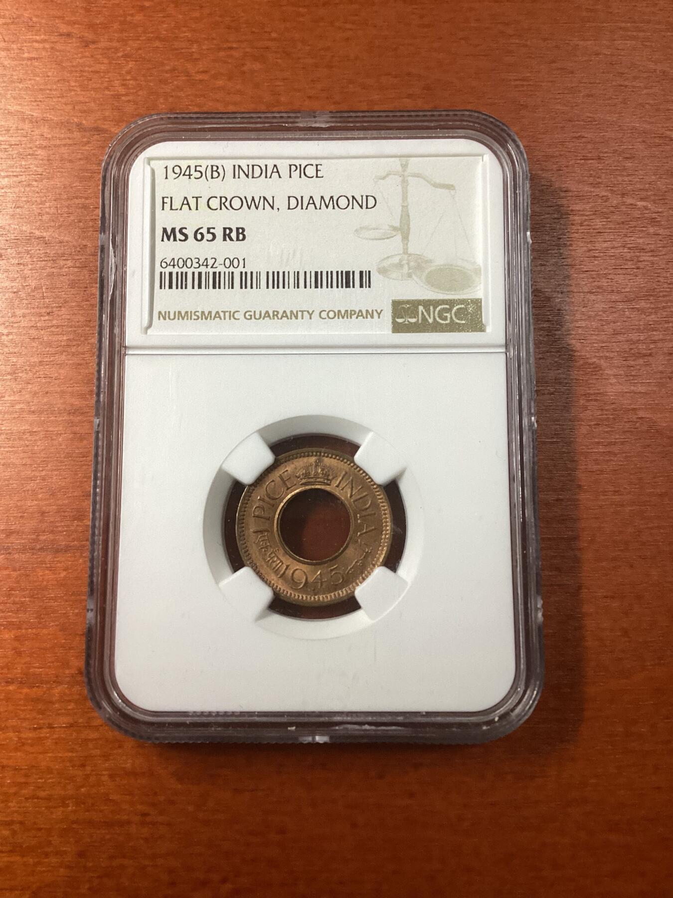 长老汇龙年精选第九场拍卖 1945(B) 印度平冠1派沙铜币，NGC MS65RB，带diamond版