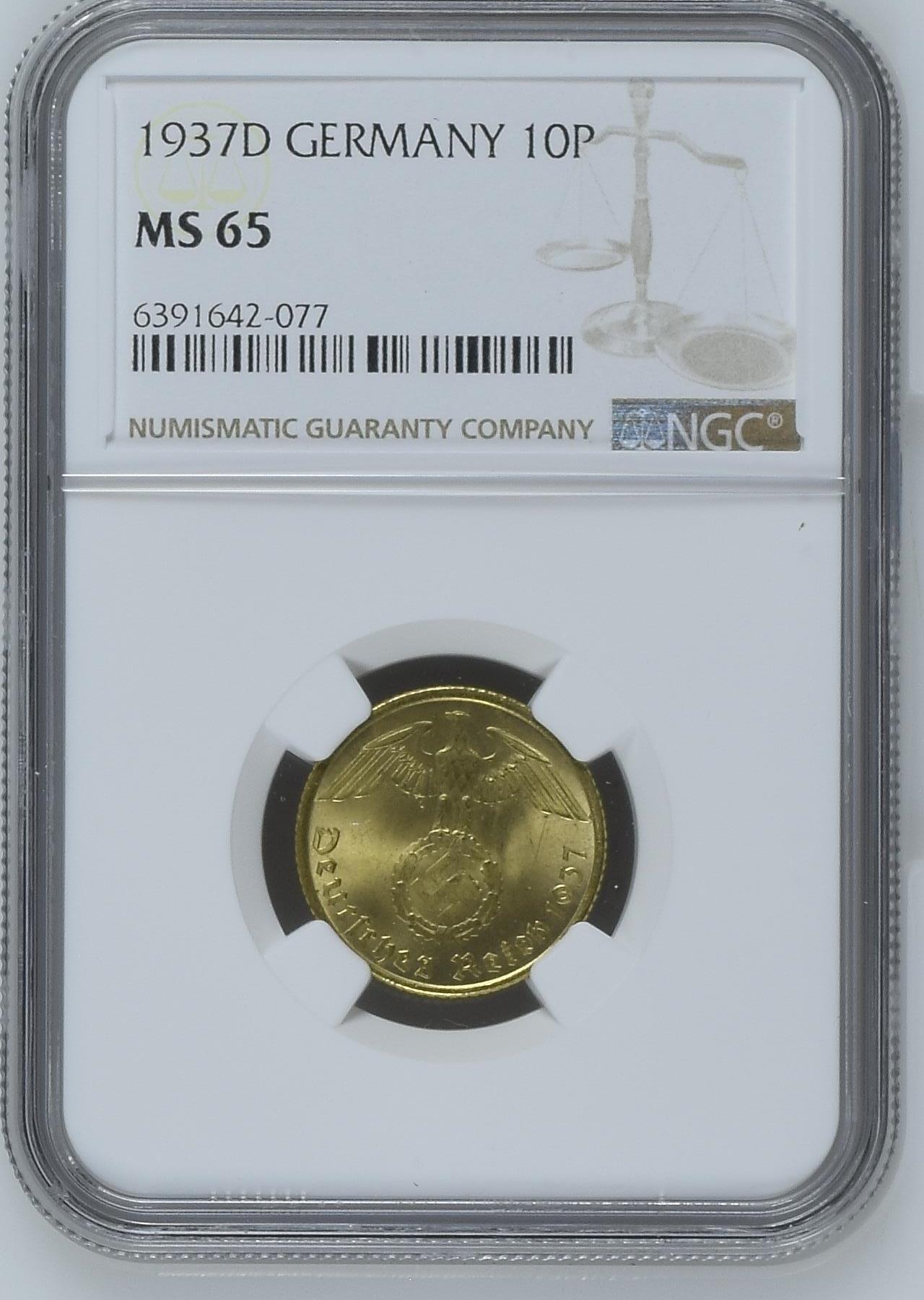 长老汇龙年精选第九场拍卖 1937D 德国第三帝国10芬尼黄铜币，NGC MS65，6枚并列冠军之一