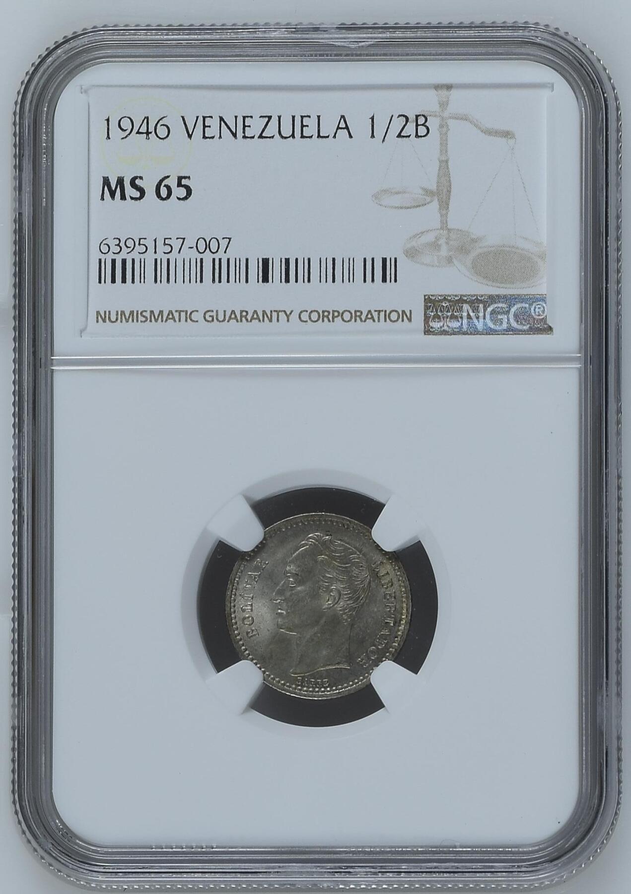 长老汇龙年精选第九场拍卖 1946 委内瑞拉1/2玻利瓦尔银币，NGC MS65