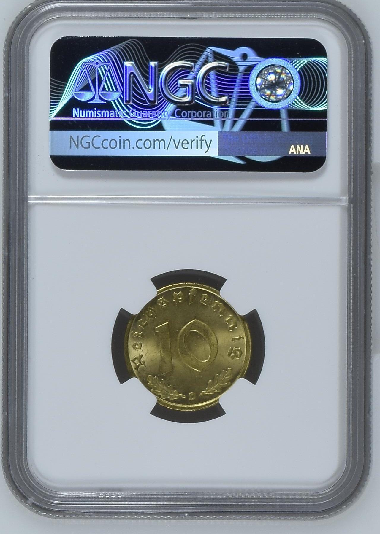 长老汇龙年精选第九场拍卖 1937D 德国第三帝国10芬尼黄铜币，NGC MS65，6枚并列冠军之一