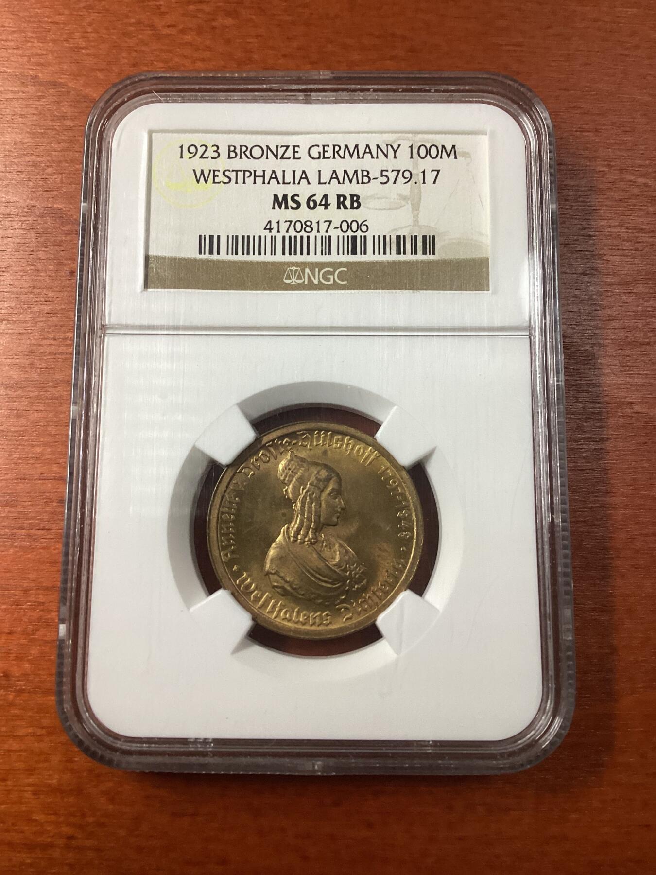 长老汇龙年精选第九场拍卖 1923德国威斯特法兰德紧马币女诗人100马克，NGC MS64RB，季军分，更高7枚