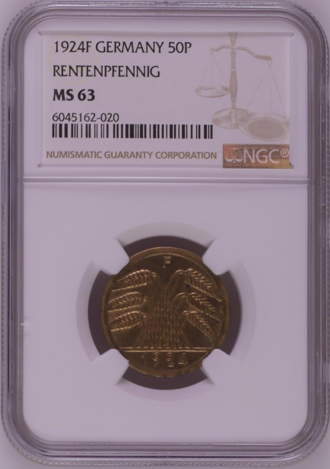 长老汇龙年精选第九场拍卖 1924F 德国魏玛共和国帝国地租50芬尼，NGC MS63，季军分，更高分2枚