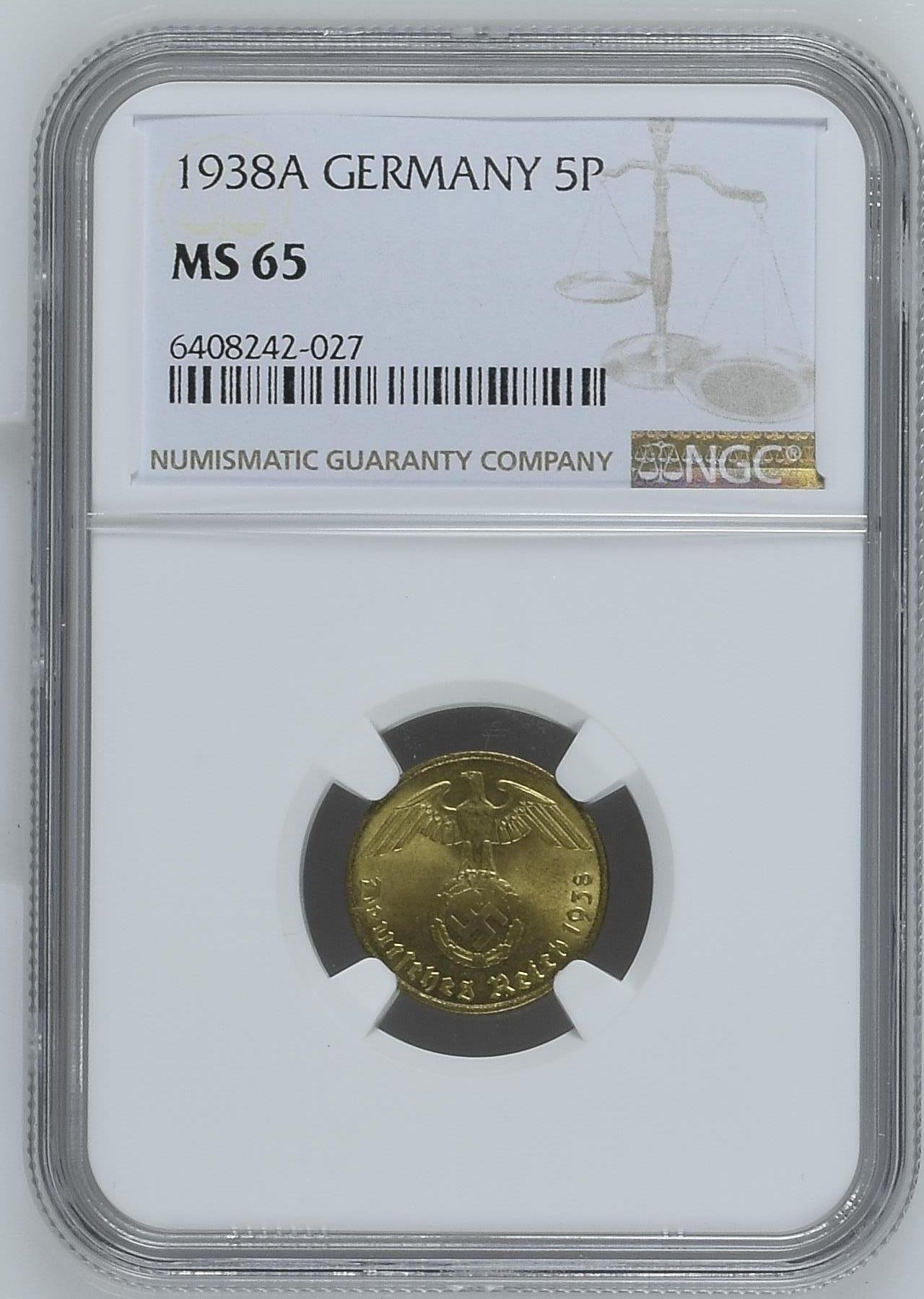 长老汇龙年精选第九场拍卖 1938A 1德国第三帝国5芬尼黄铜币，NGC MS65，亚军分，更高3枚