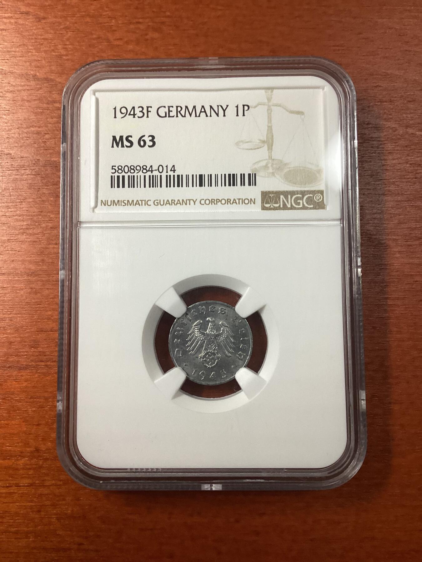 长老汇龙年精选第九场拍卖 1943F 德国第三帝国1芬尼锌币，NGC MS63，季军分，更高10枚