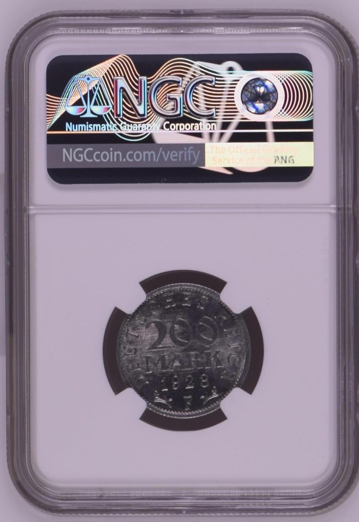 长老汇龙年精选第九场拍卖 1923F 德国魏玛共和国 200马克铝币，NGC MS64，更高13枚