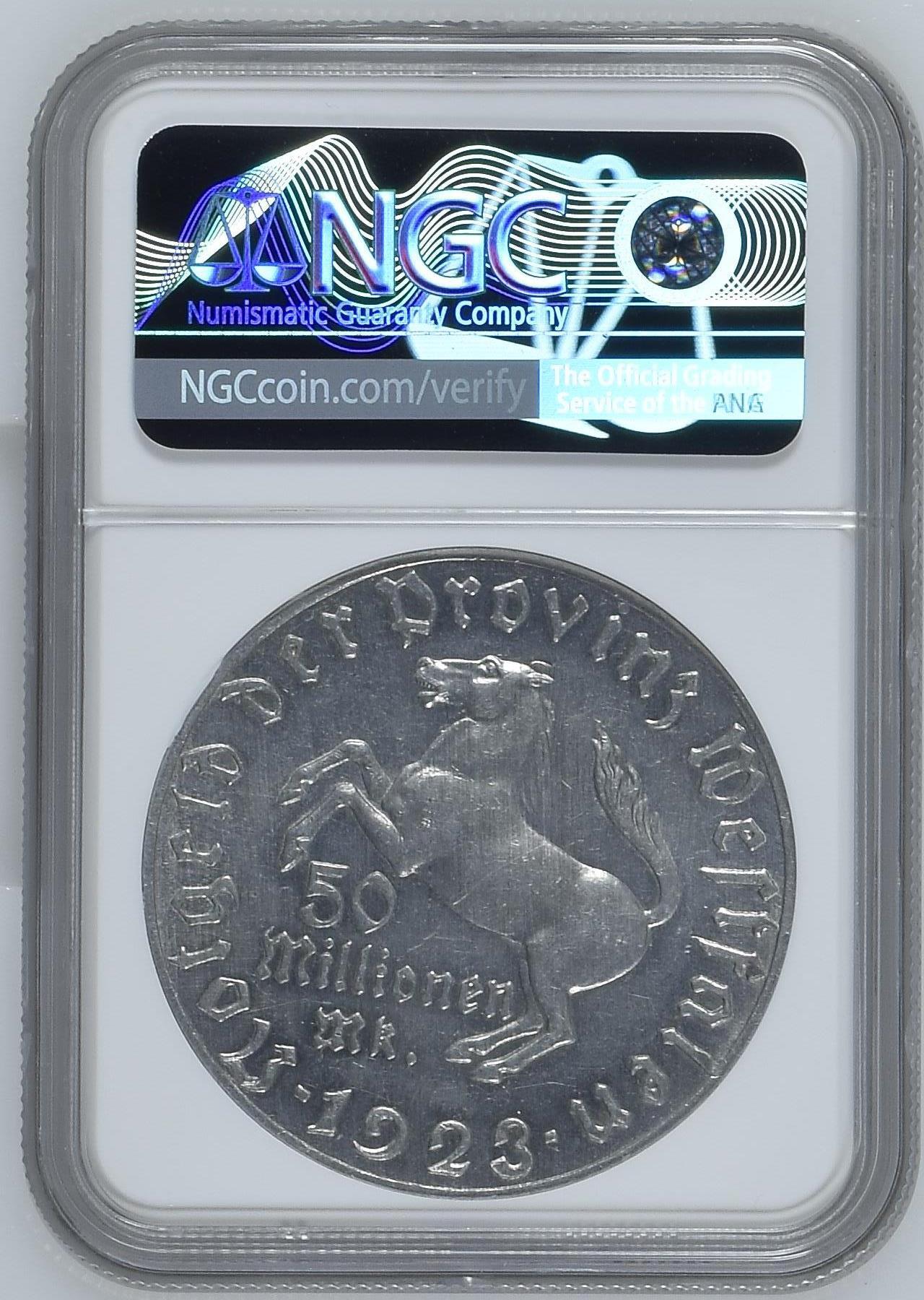 长老汇龙年精选第九场拍卖 1923 德国威斯特法兰德紧斯坦伯爵马币5千万马克3行，NGC MS62