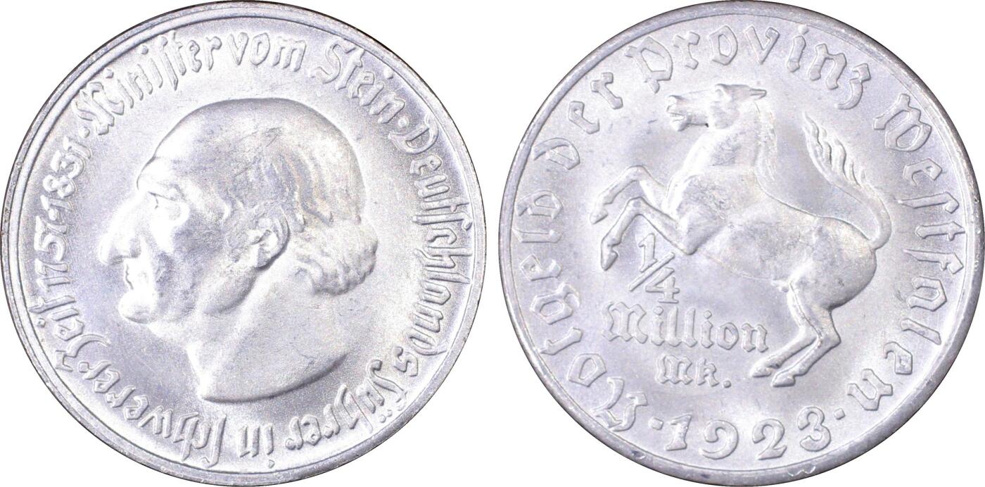 长老汇龙年精选第九场拍卖 1923 德国威斯特法兰德紧斯坦伯爵马币25万马克3行，PCGS MS64+，季军分，更高6枚