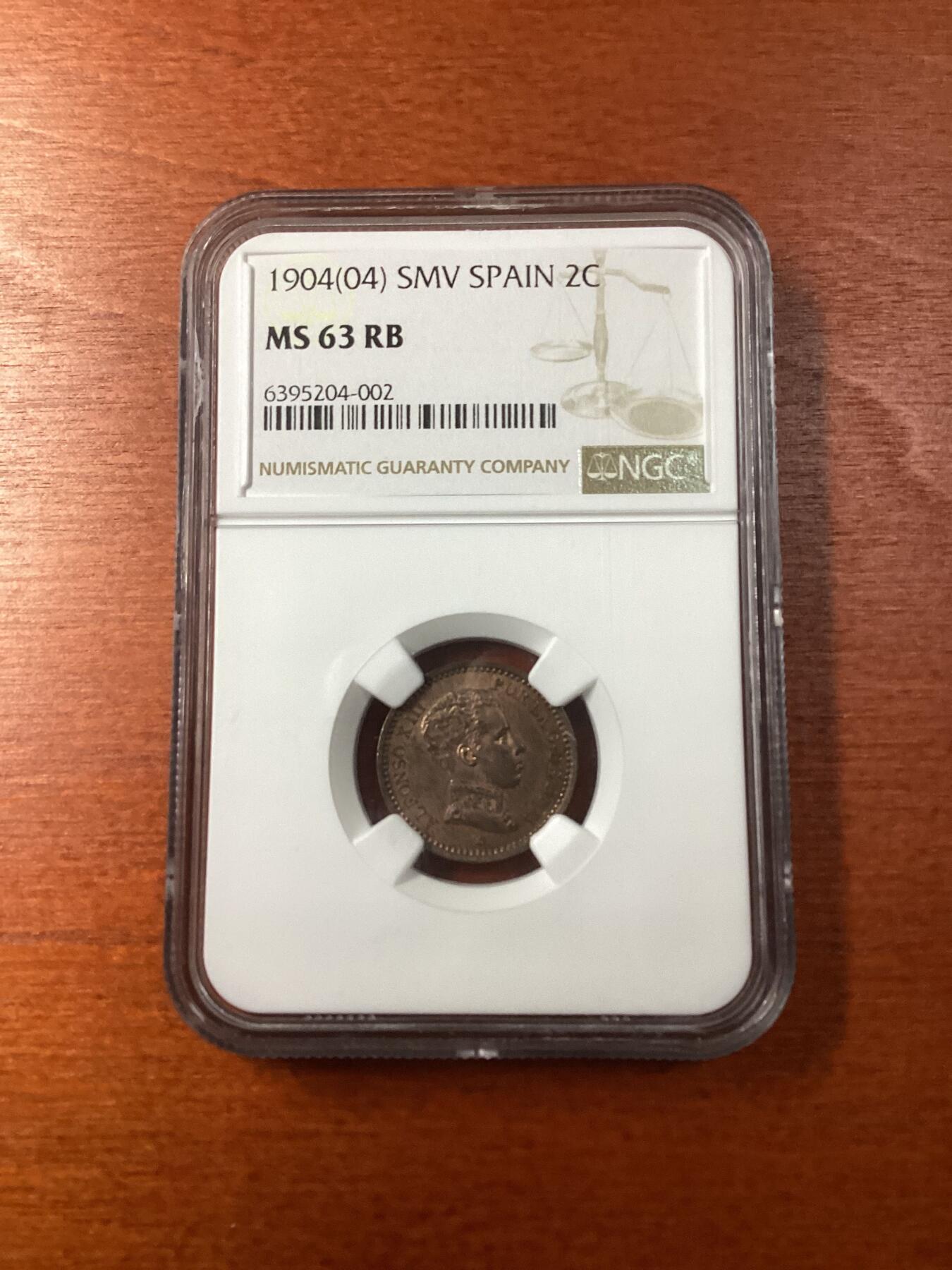 长老汇龙年精选第九场拍卖 1904(04) SMV 西班牙阿方索十三世2分铜币，NGC MS63RB