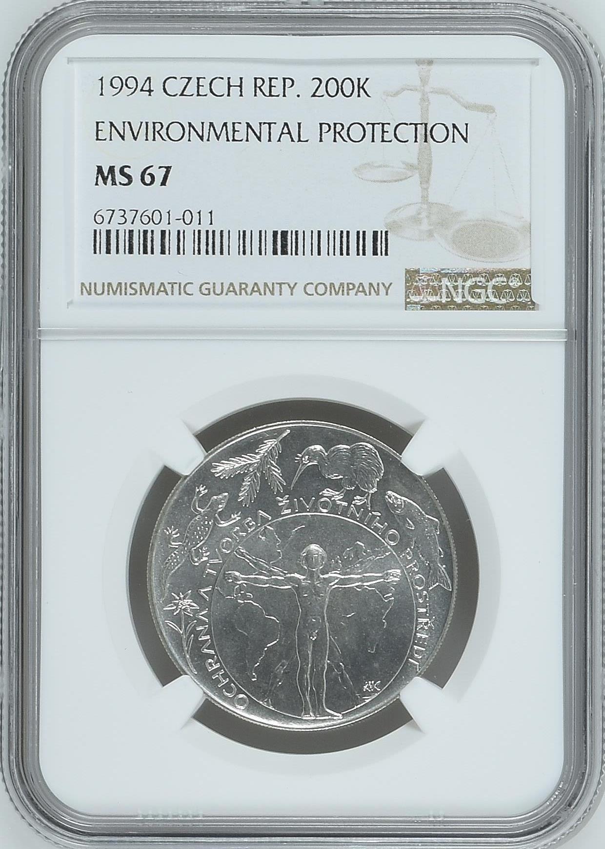 长老汇龙年精选第九场拍卖 1994 捷克环保200克朗银币，NGC MS67，唯一冠军分，4400多枚被熔毁