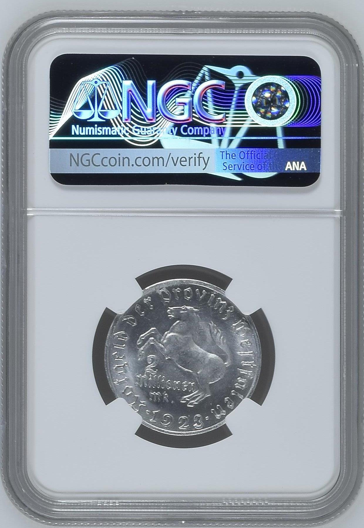 长老汇龙年精选第九场拍卖 1923 德国威斯特法兰德紧斯坦伯爵马币2百万马克3行，NGC MS65，亚军分，更高2枚