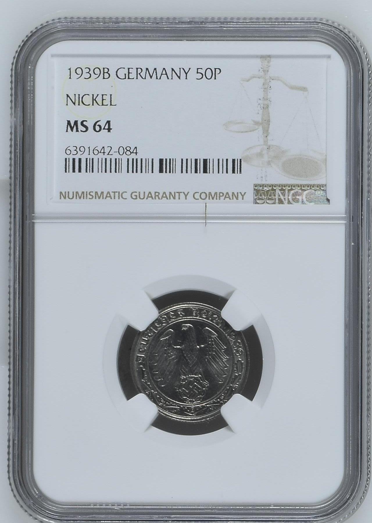 长老汇龙年精选第九场拍卖 1939B 德国第三帝国 50芬尼镍币，NGC MS64，亚军分，更高仅1枚，也称“坦克币”，被大量回收造坦克