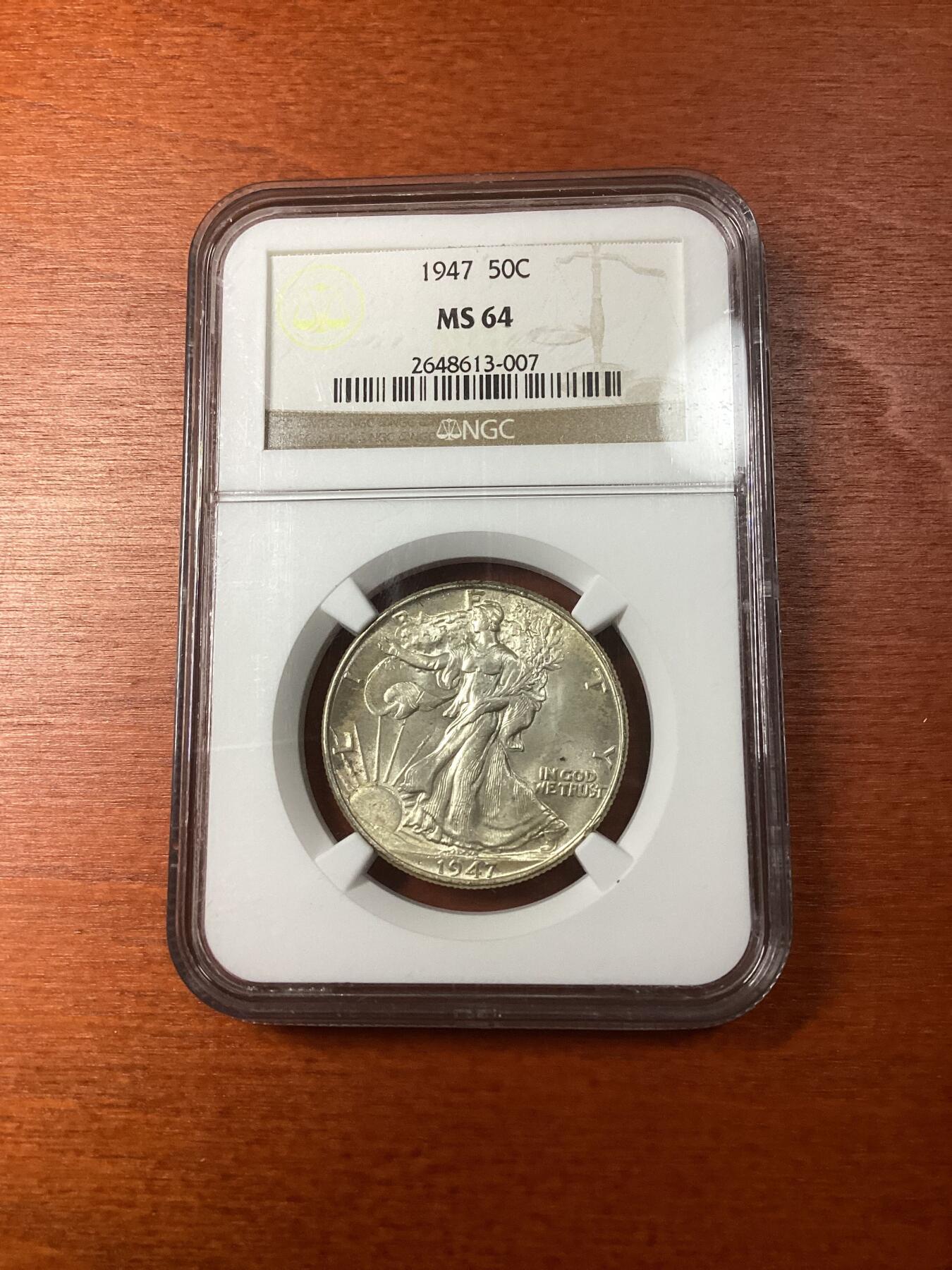长老汇龙年精选第八场拍卖 1947美国早期行走女神半圆银币，NGC MS64，老盒低评，官网90美金