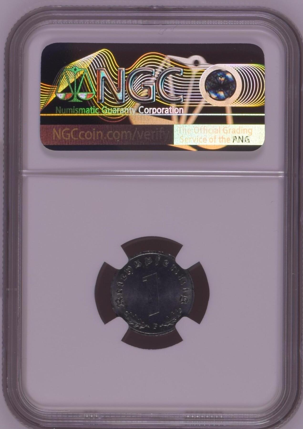 长老汇龙年精选第九场拍卖 1943F 德国第三帝国1芬尼锌币，NGC MS63，季军分，更高10枚