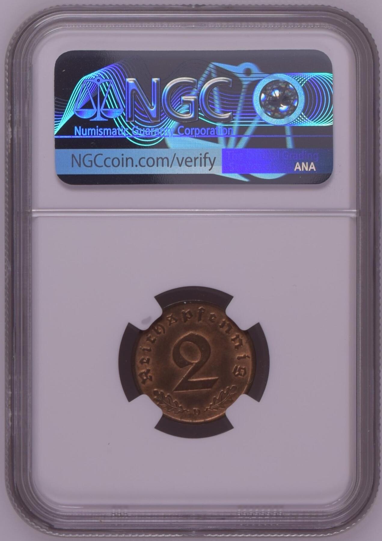 长老汇龙年精选第九场拍卖 1937D 德国第三帝国2芬尼铜币，NGC MS63RB，季军分，更高6枚 