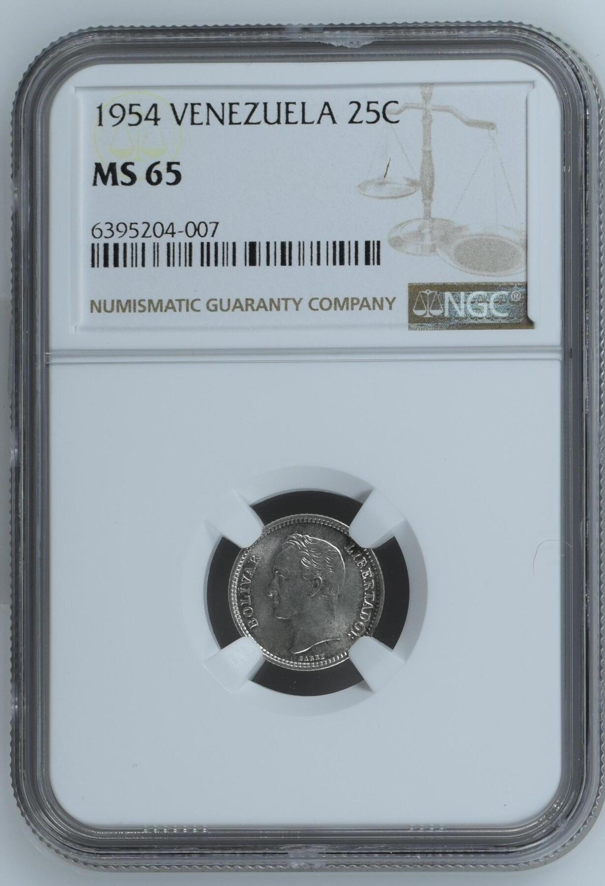 长老汇龙年精选第九场拍卖 1954 委内瑞拉25分银币，NGC MS65
