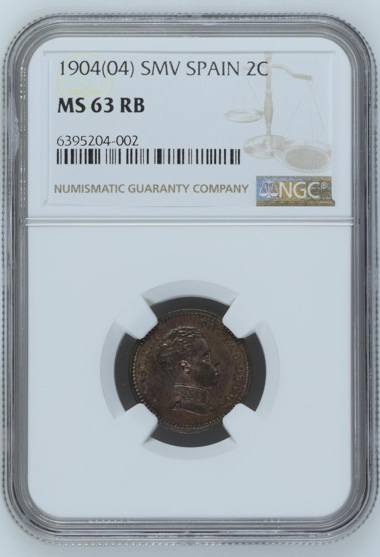 长老汇龙年精选第九场拍卖 1904(04) SMV 西班牙阿方索十三世2分铜币，NGC MS63RB