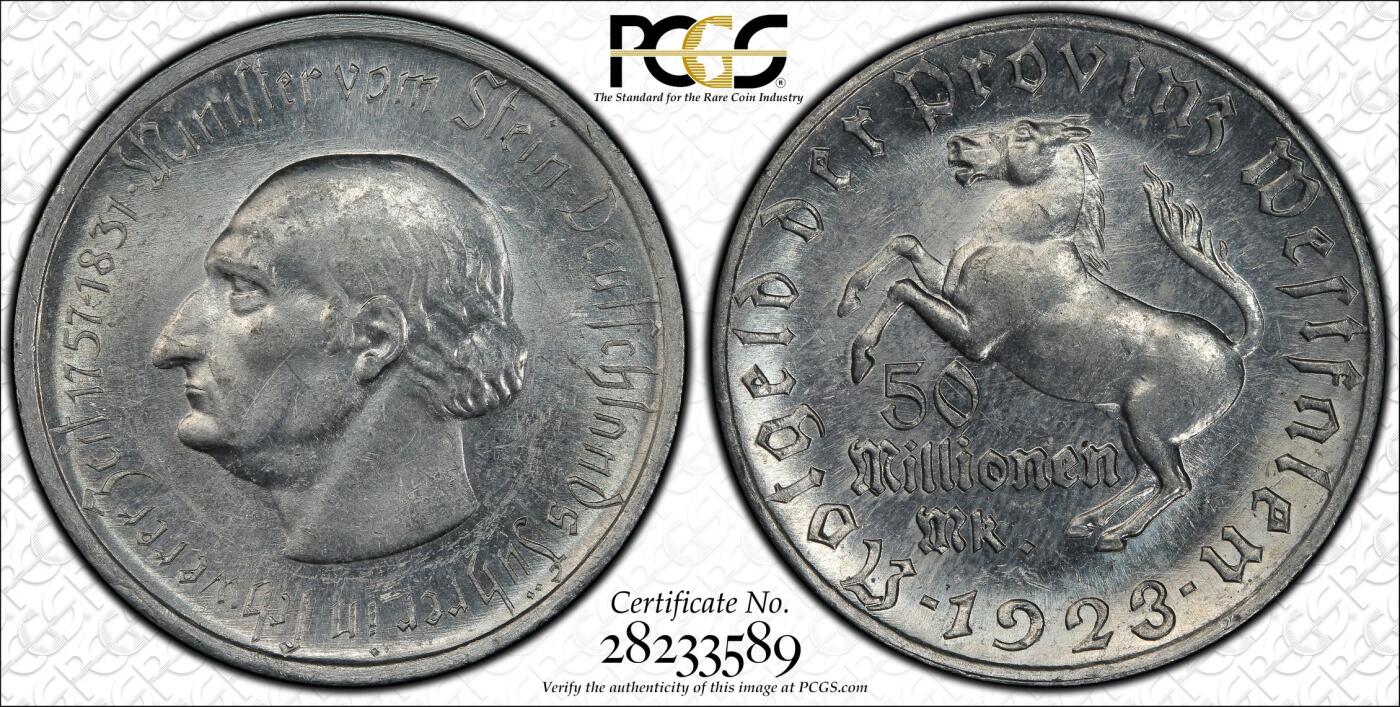 长老汇龙年精选第九场拍卖 1923 德国威斯特法兰德紧斯坦伯爵马币5千万马克3行，PCGS MS62，更高33枚
