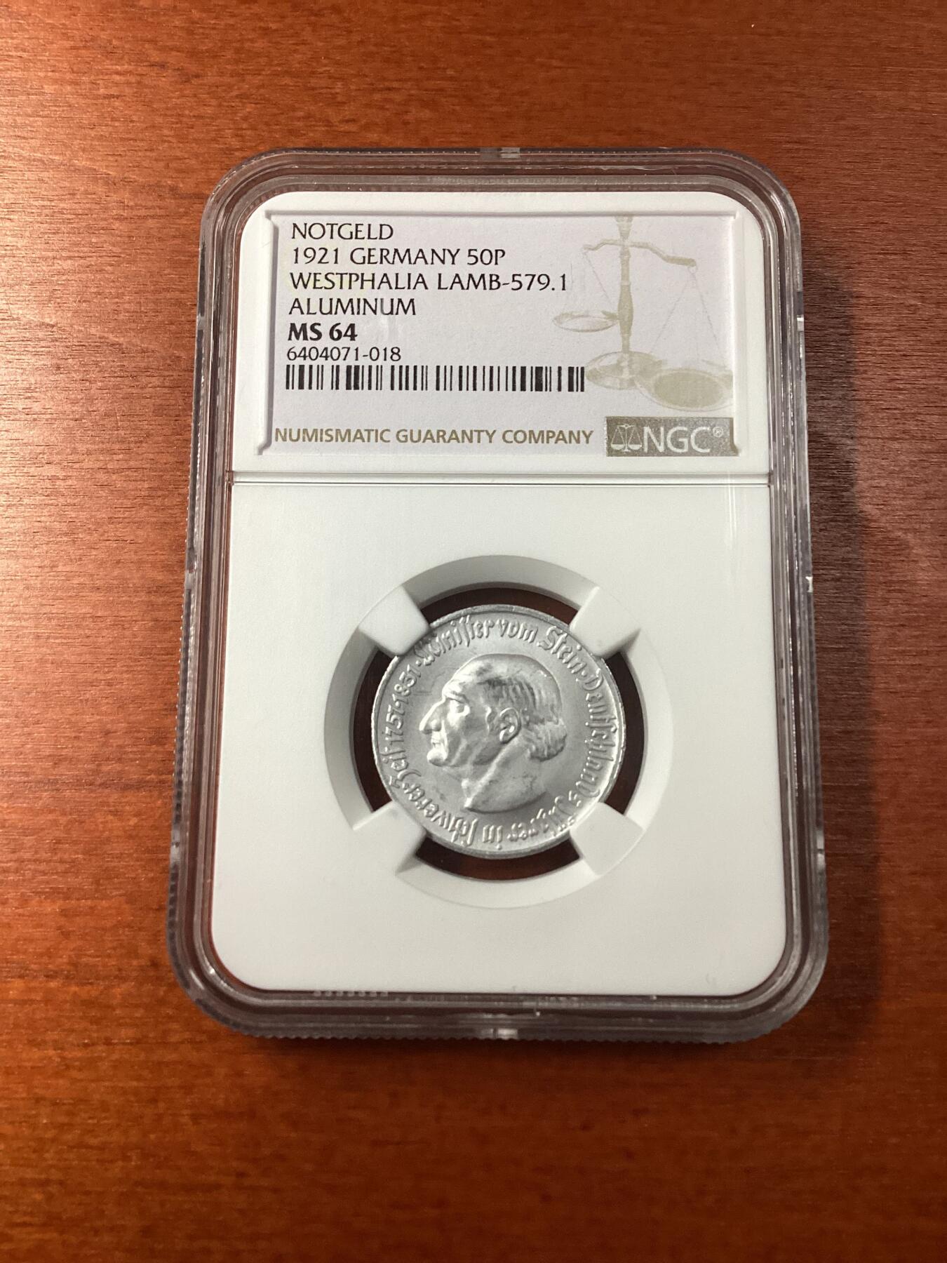 长老汇龙年精选第九场拍卖 1921 德国威斯特法兰德紧斯坦伯爵马币50芬尼，NGC MS64，季军分，更高5枚 