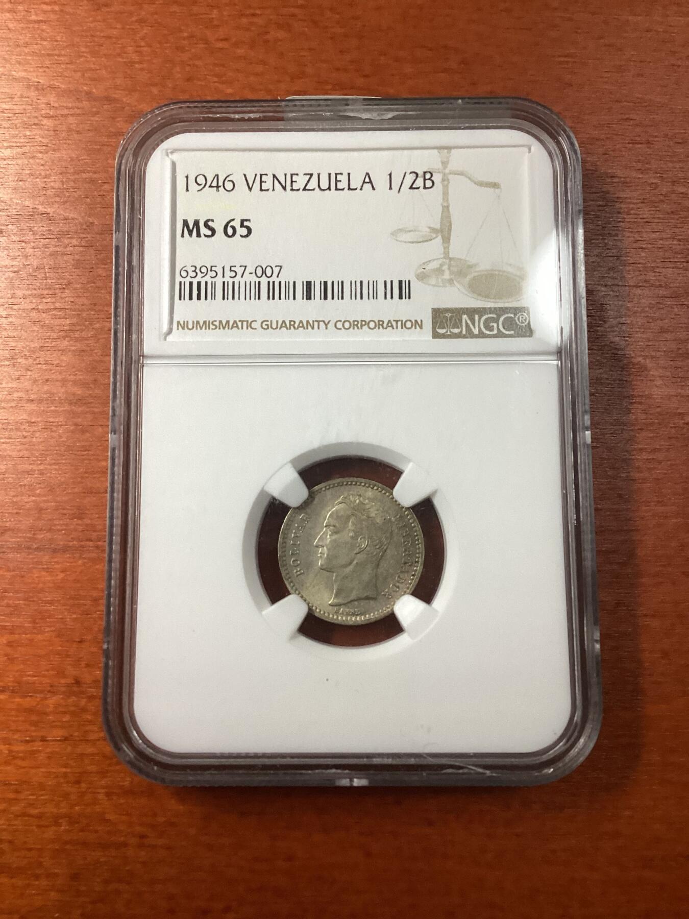 长老汇龙年精选第九场拍卖 1946 委内瑞拉1/2玻利瓦尔银币，NGC MS65