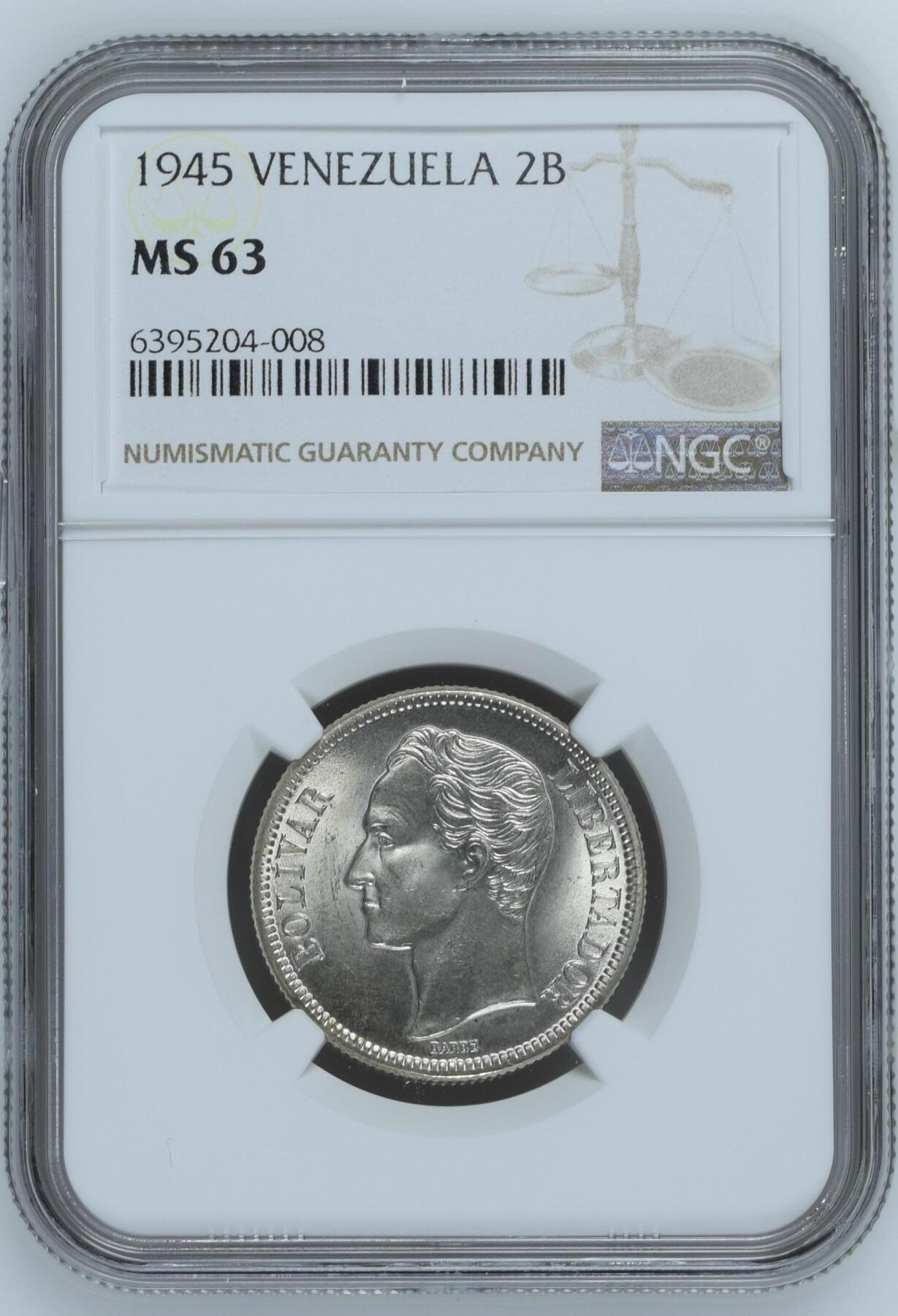 长老汇龙年精选第九场拍卖 1945 委内瑞拉2玻利瓦尔银币，NGC MS63