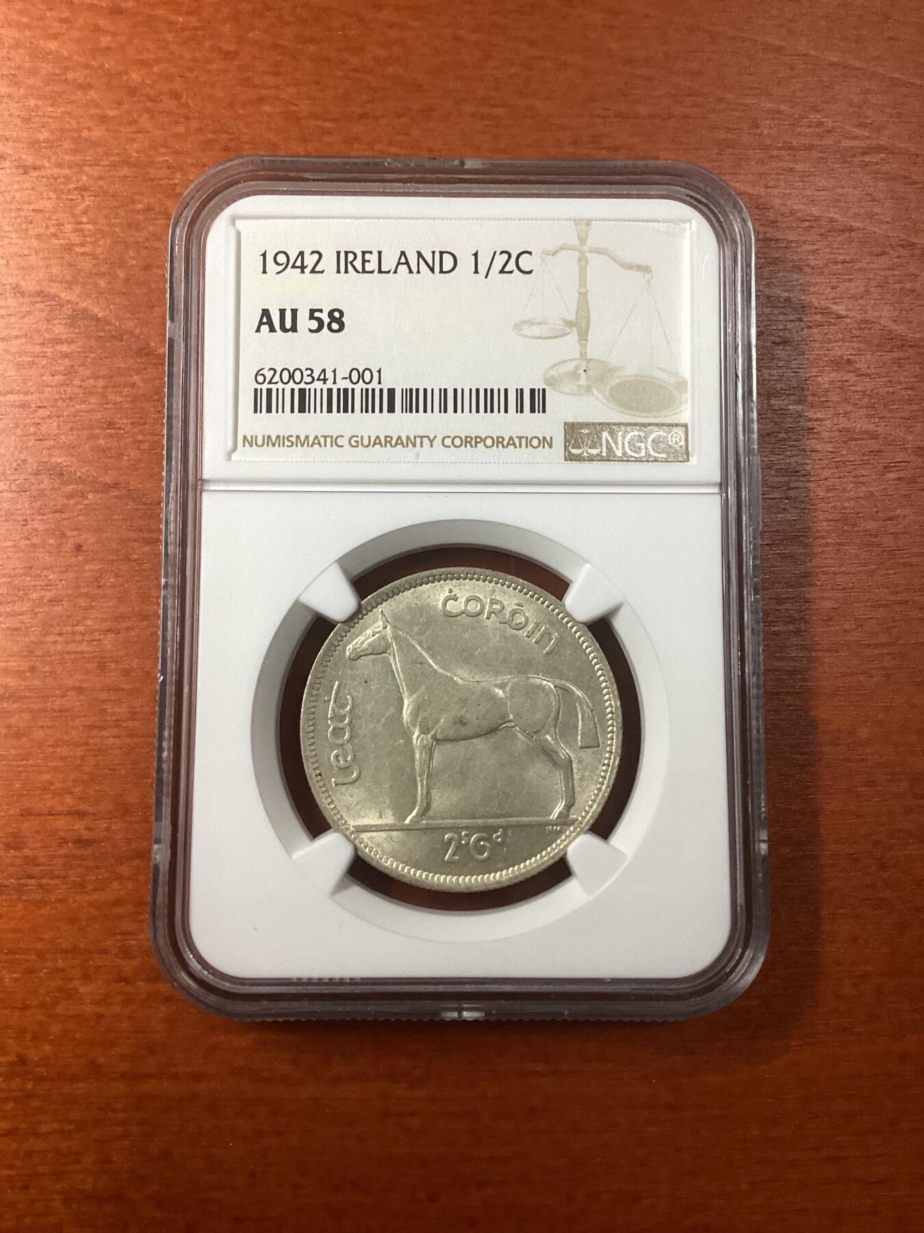 长老汇龙年精选第九场拍卖 1942 爱尔兰马1/2克朗银币，NGC AU58