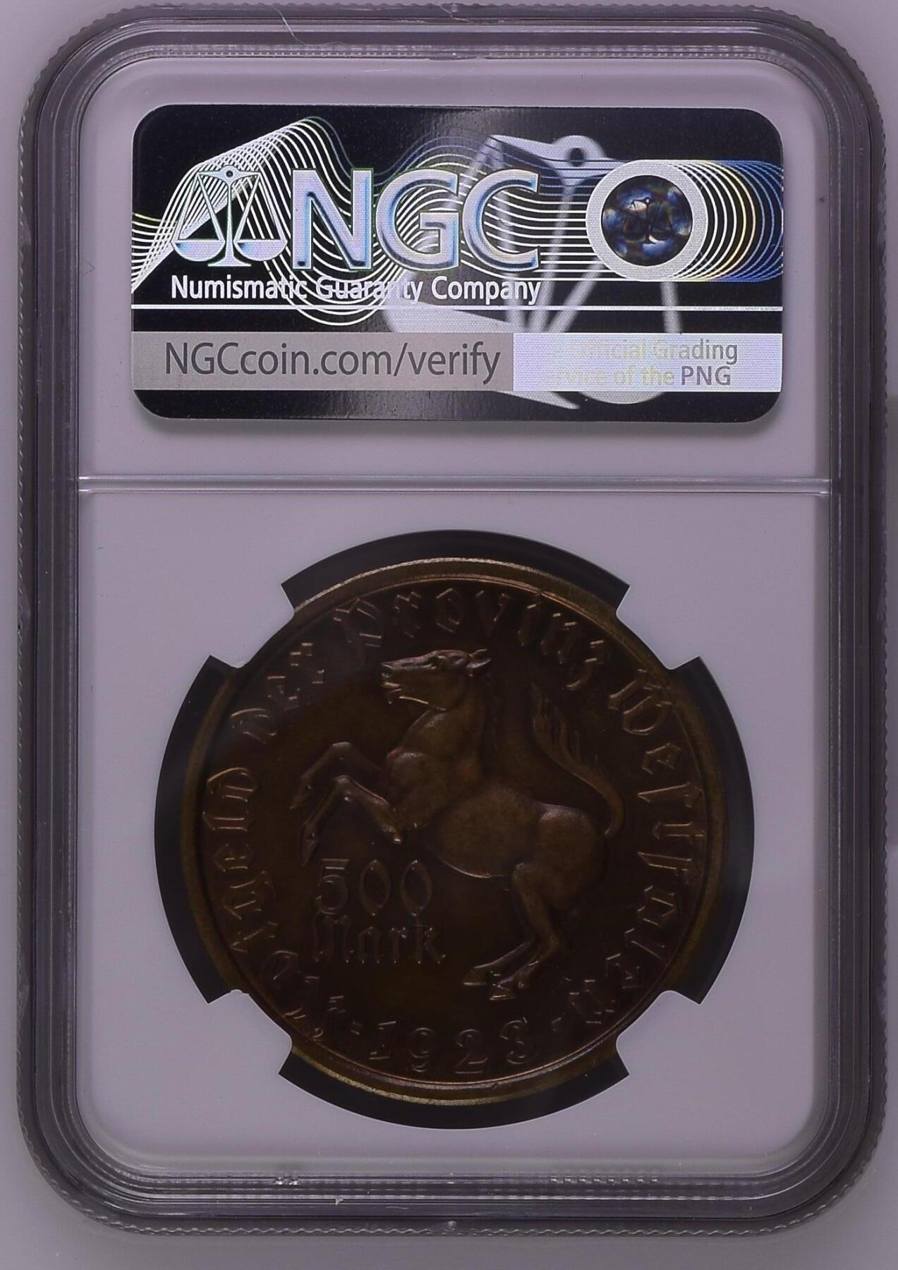 长老汇龙年精选第九场拍卖 1923德国威斯特法兰德紧马币女诗人 500马克，NGC MS63RB