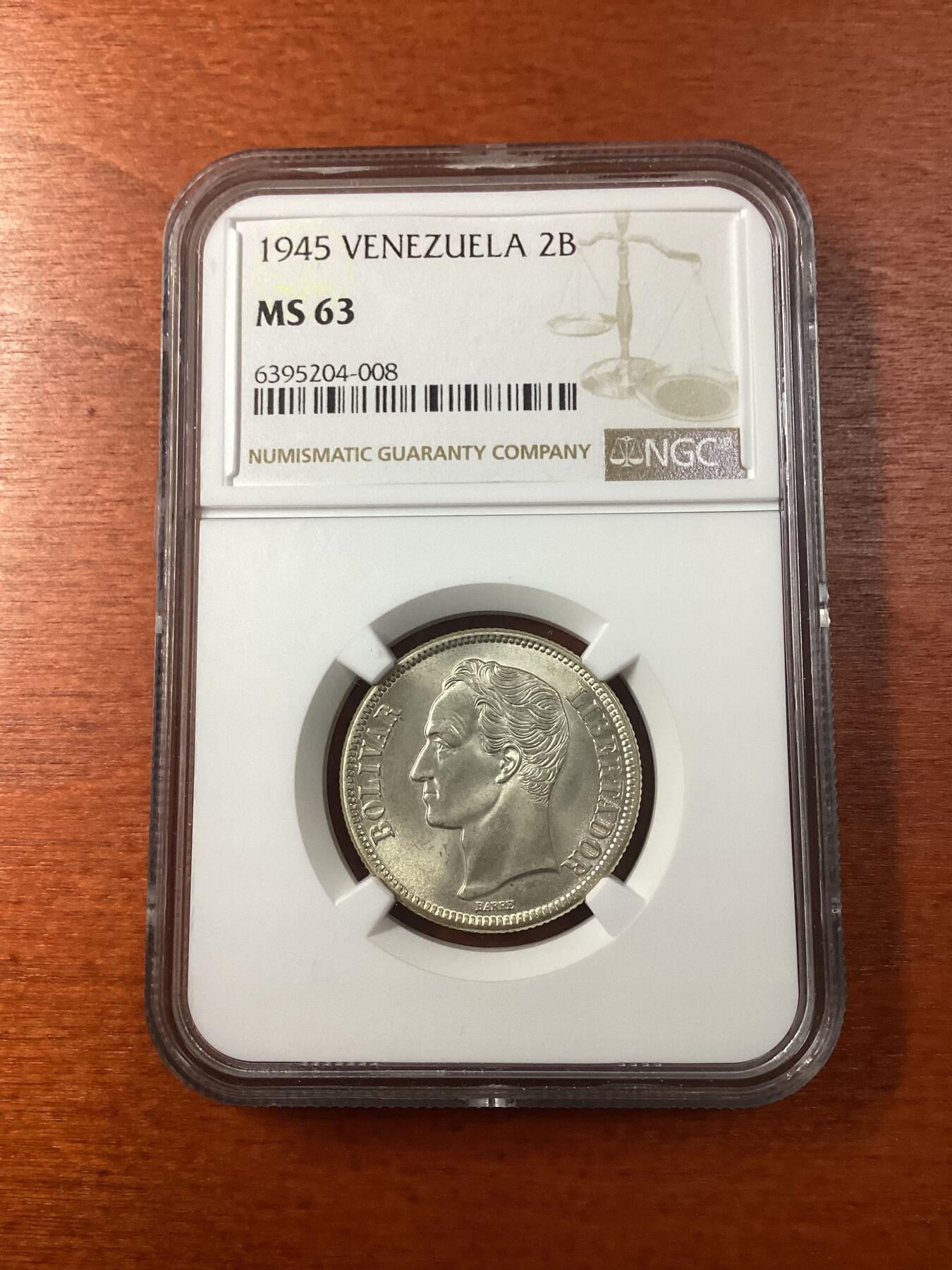 长老汇龙年精选第九场拍卖 1945 委内瑞拉2玻利瓦尔银币，NGC MS63