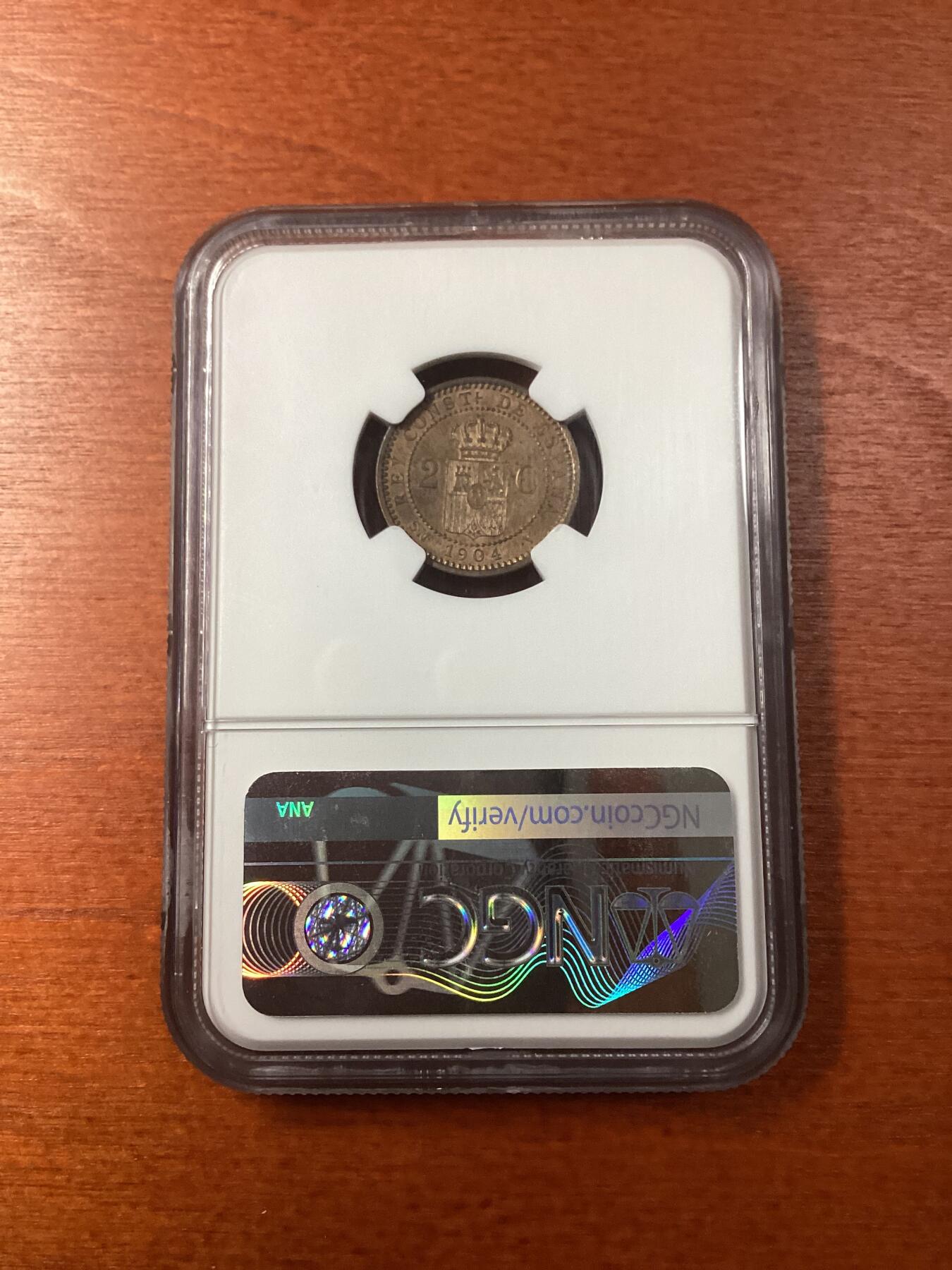 长老汇龙年精选第九场拍卖 1904(04) SMV 西班牙阿方索十三世2分铜币，NGC MS63RB