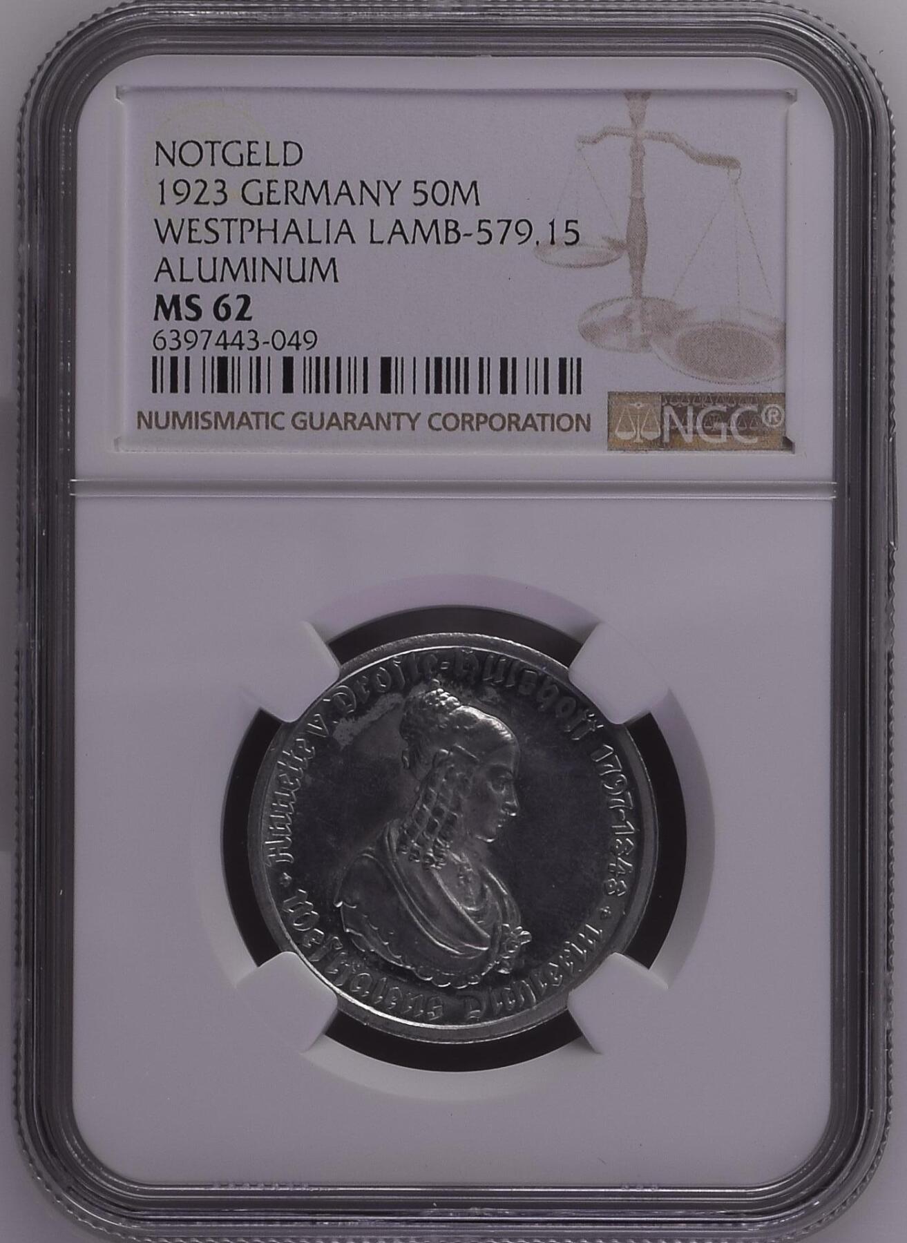 长老汇龙年精选第九场拍卖 1923德国威斯特法兰德紧马币女诗人50马克，NGC MS62