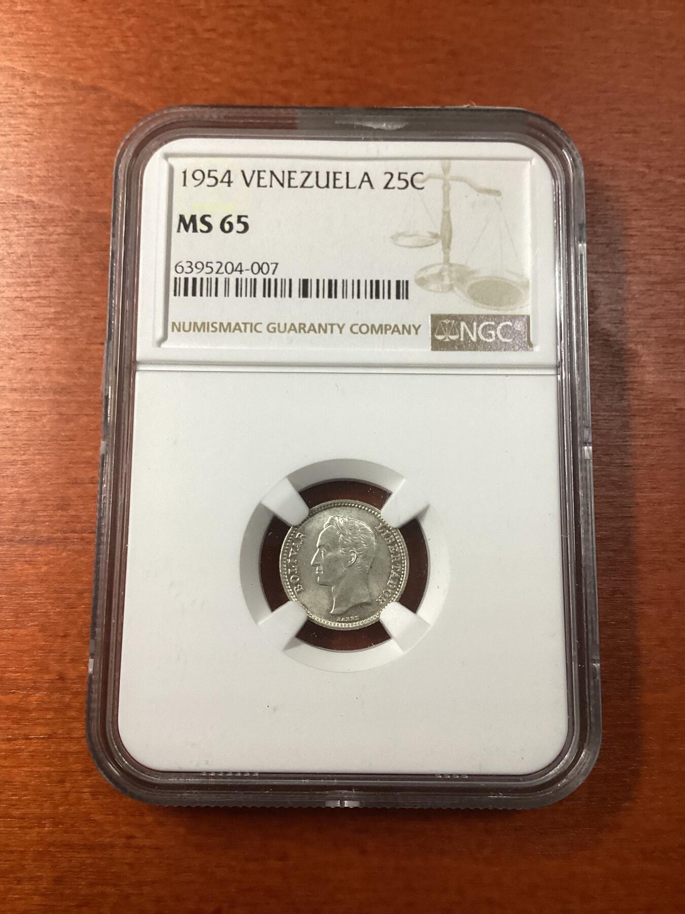 长老汇龙年精选第九场拍卖 1954 委内瑞拉25分银币，NGC MS65