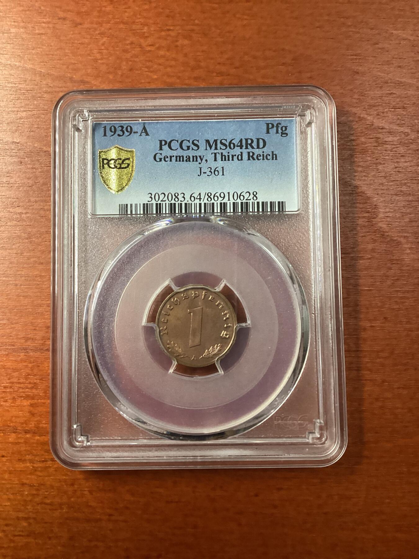 长老汇龙年精选第九场拍卖 1939-A 德国第三帝国1芬尼铜币，PCGS MS64RD