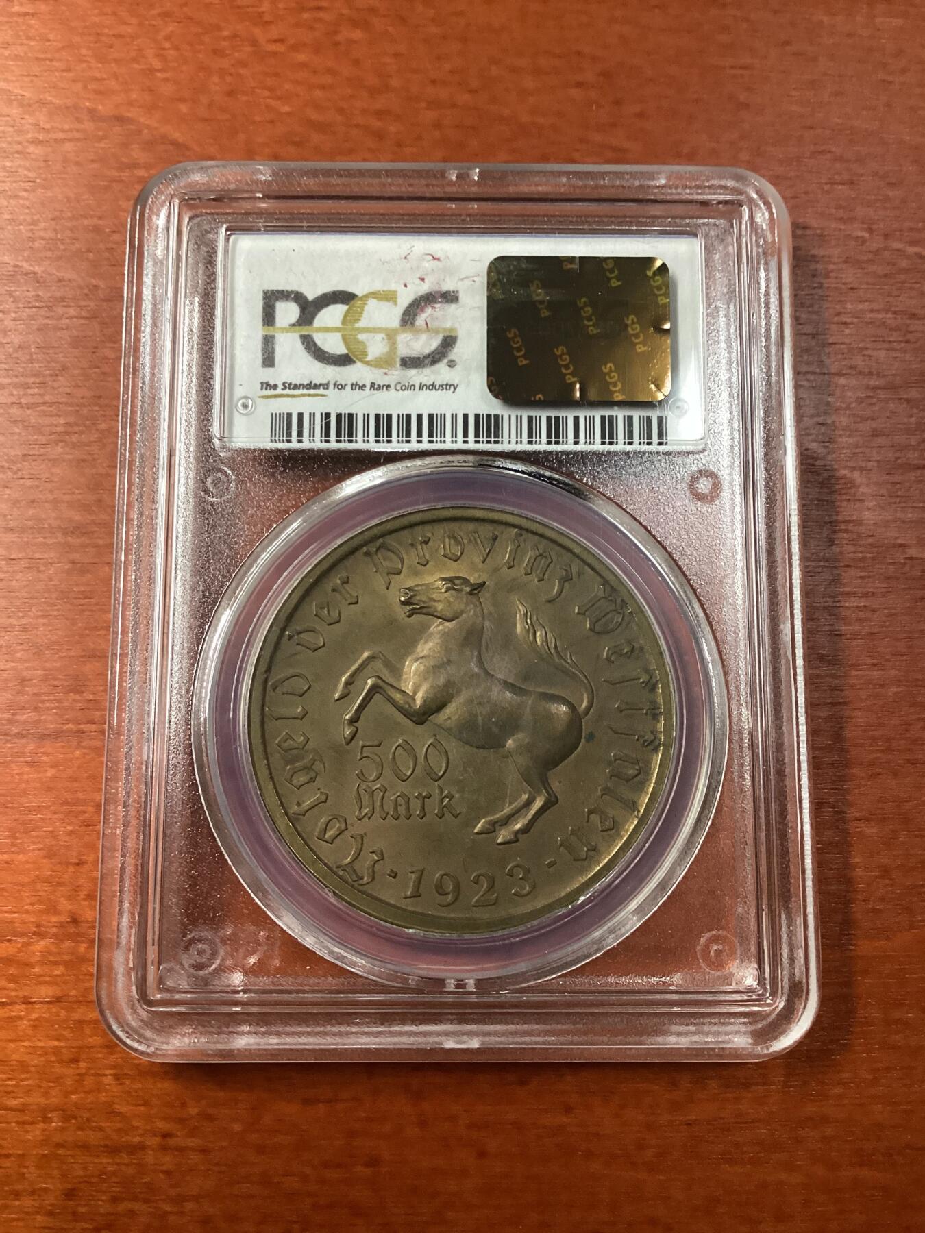 长老汇龙年精选第九场拍卖 1923 德国威斯特法兰德紧马币女诗人500马克，PCGS MS63，季军分，更高7枚 