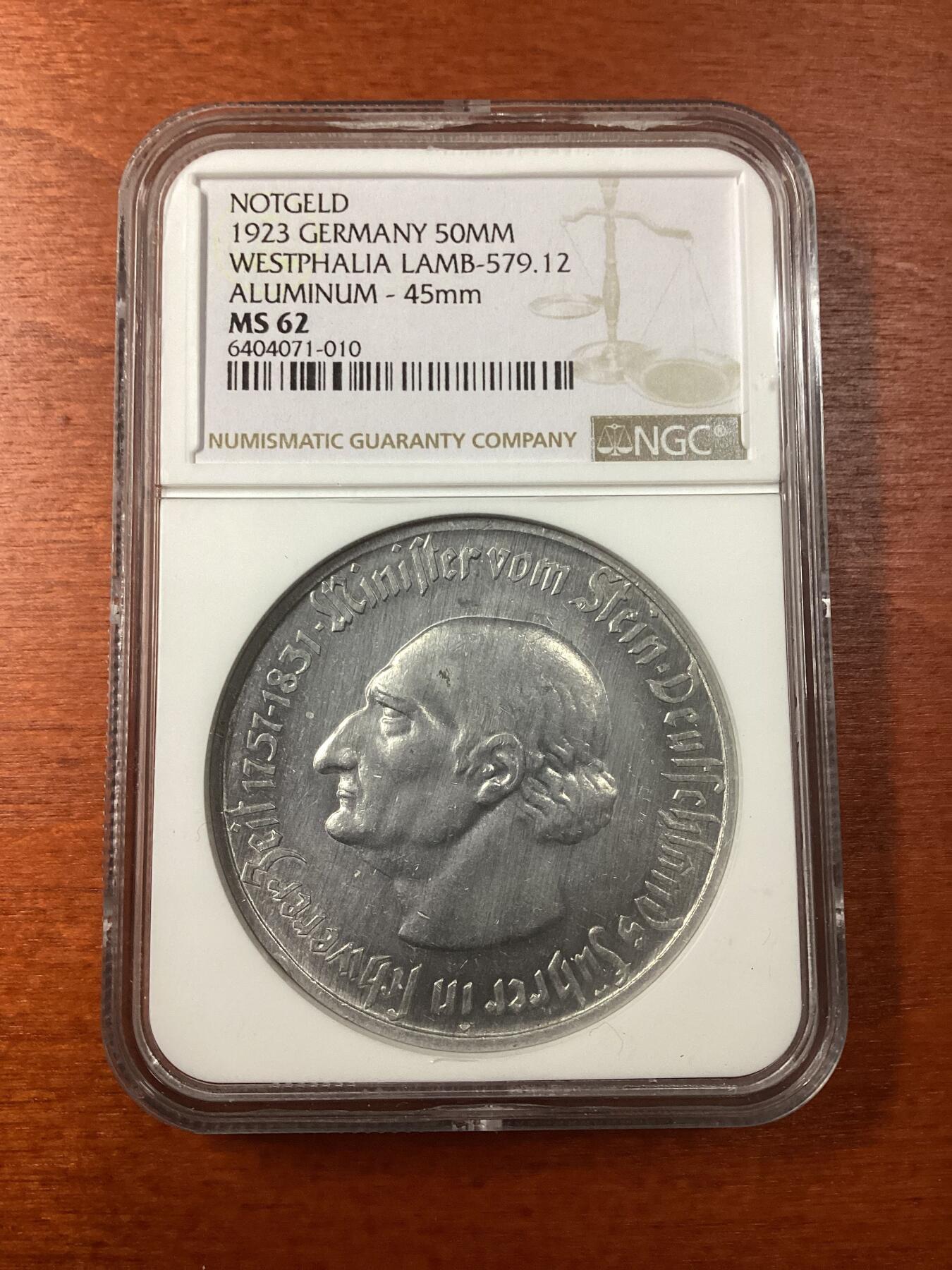 长老汇龙年精选第九场拍卖 1923 德国威斯特法兰德紧斯坦伯爵马币5千万马克3行，NGC MS62