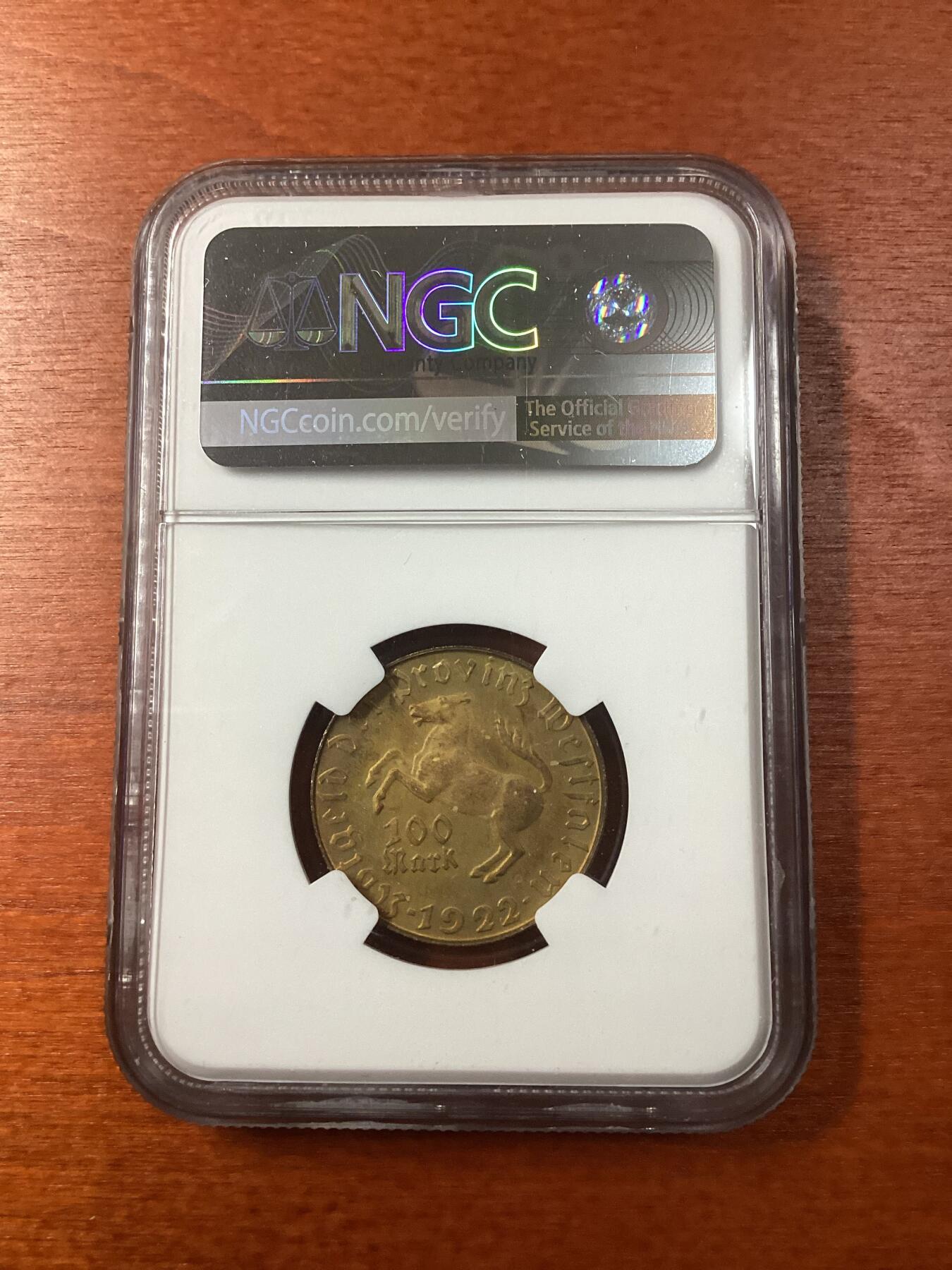 长老汇龙年精选第九场拍卖 1922 德国威斯特法兰德紧斯坦伯爵马币 100马克，NGC MS63RB，亚军分，更高3枚 