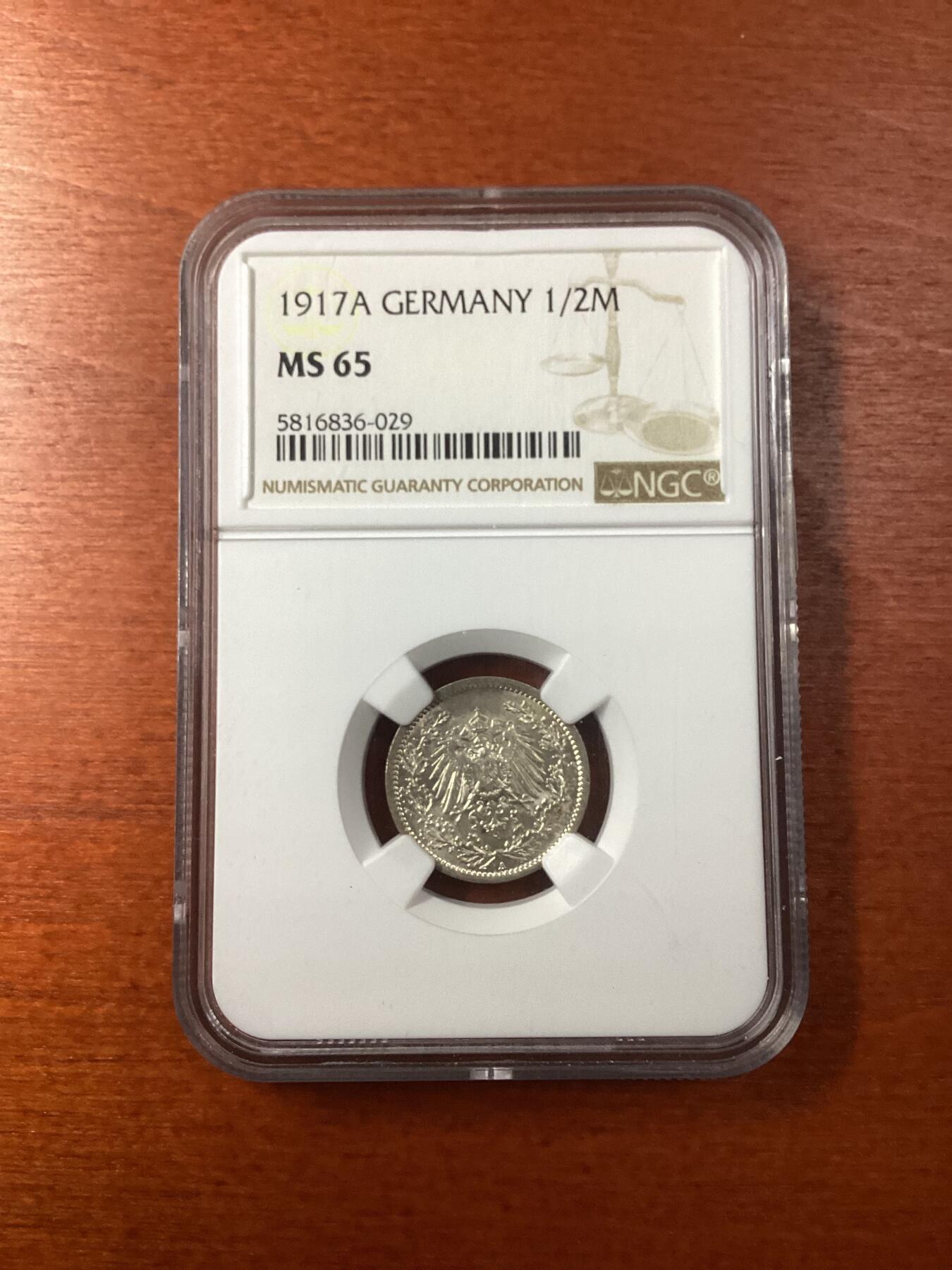 长老汇龙年精选第九场拍卖 1917A 德国第二帝国 1/2马克银币，NGC MS65