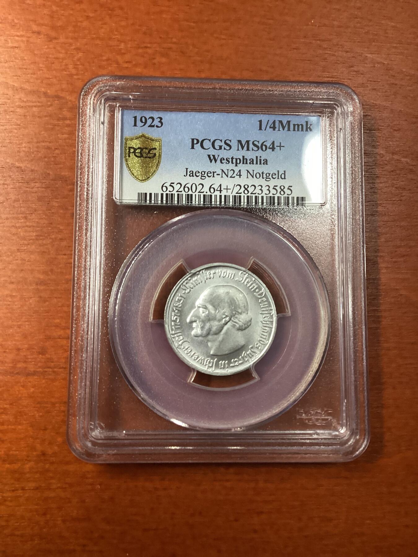 长老汇龙年精选第九场拍卖 1923 德国威斯特法兰德紧斯坦伯爵马币25万马克3行，PCGS MS64+，季军分，更高6枚