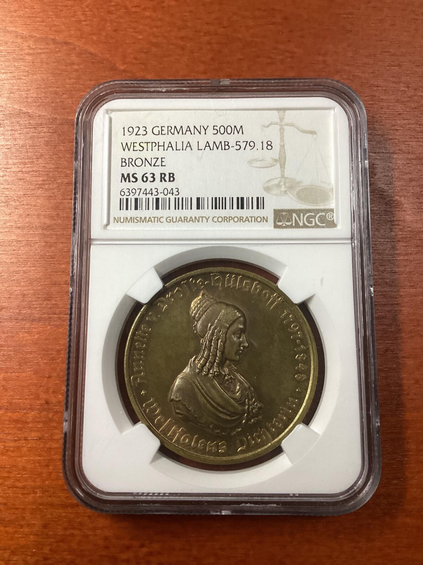 长老汇龙年精选第九场拍卖 1923德国威斯特法兰德紧马币女诗人 500马克，NGC MS63RB