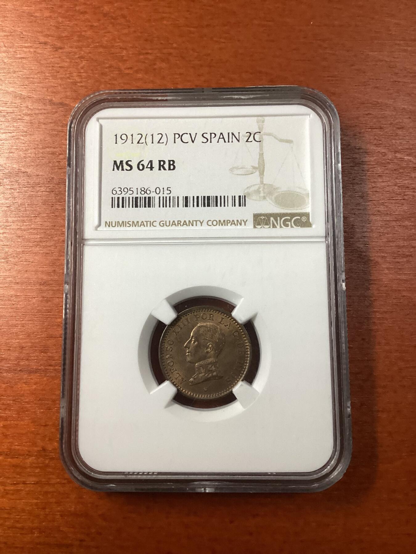 长老汇龙年精选第九场拍卖 1912(12) PCV  西班牙阿方索十三世2分铜币，NGC MS64RB，季军分，更高分8枚