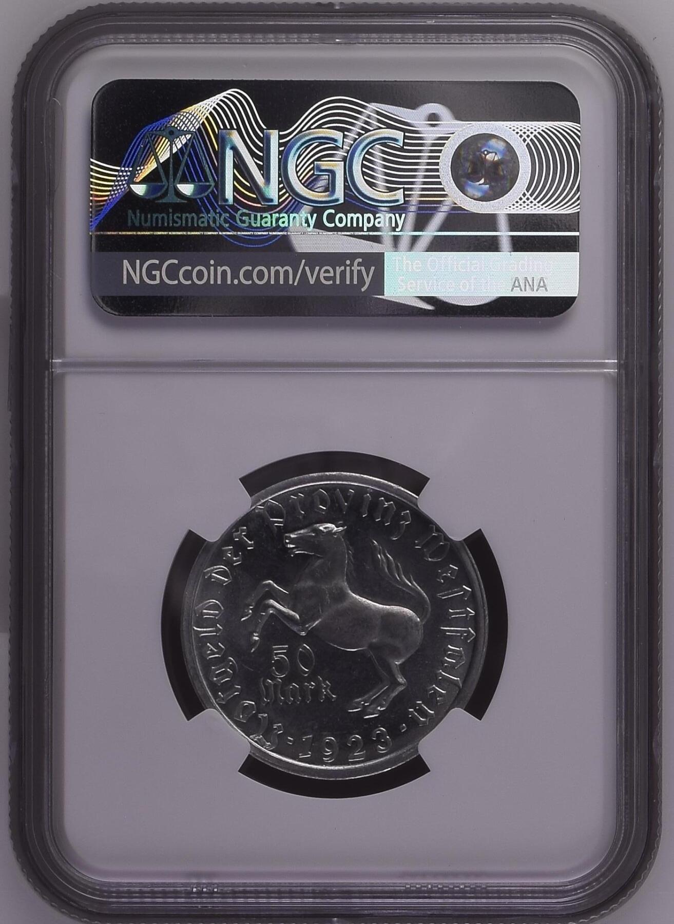 长老汇龙年精选第九场拍卖 1923德国威斯特法兰德紧马币女诗人50马克，NGC MS62