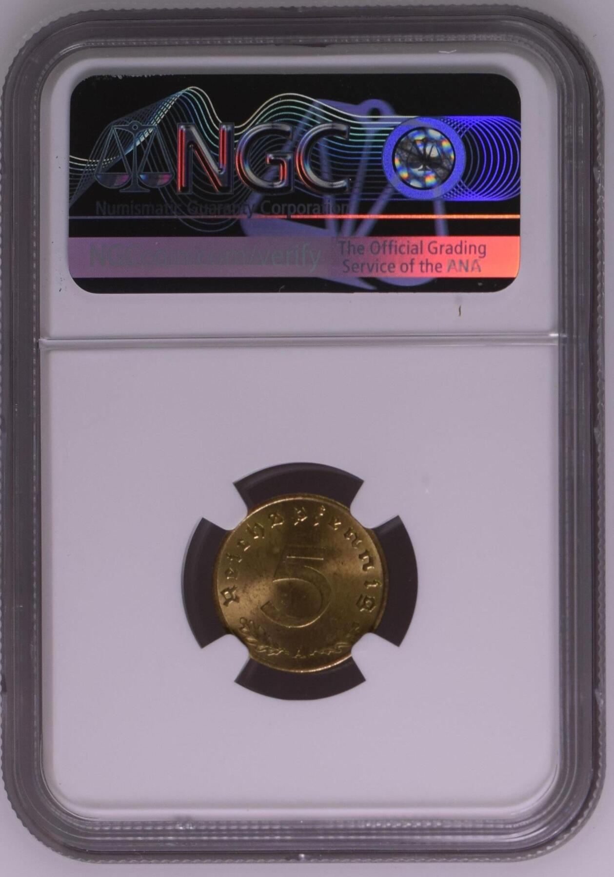 长老汇龙年精选第九场拍卖 1937A德国第三帝国5芬尼黄铜币，NGC MS64，更高18枚  