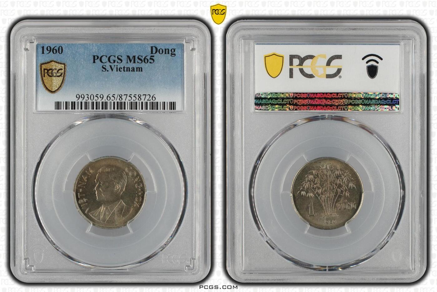 长老汇龙年精选第九场拍卖 1960 南越吴庭艳1盾铜镍币，PCGS MS65分，亚军分，更高分仅有3枚，黄灿灿