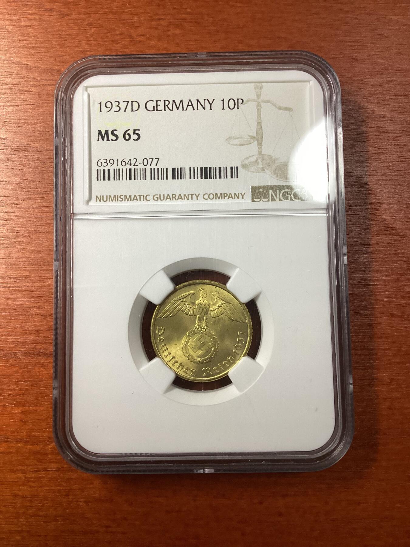 长老汇龙年精选第九场拍卖 1937D 德国第三帝国10芬尼黄铜币，NGC MS65，6枚并列冠军之一