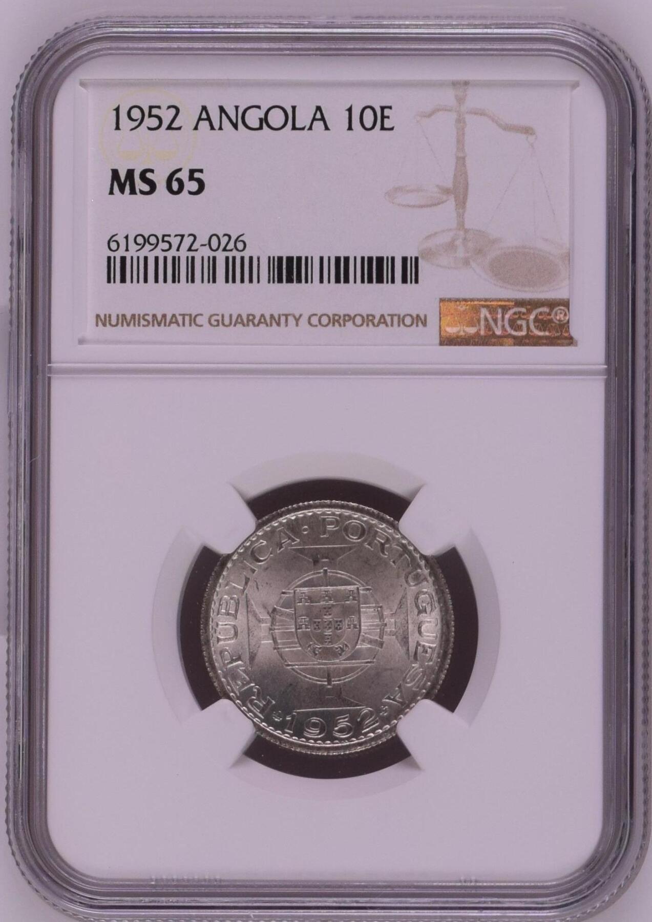 长老汇龙年精选第九场拍卖 1952葡属安哥拉10埃斯库多斯银币，NGC MS65