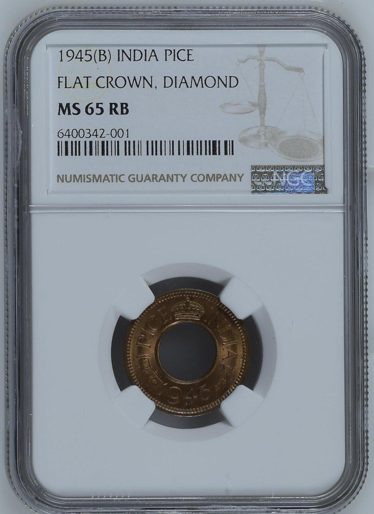 长老汇龙年精选第九场拍卖 1945(B) 印度平冠1派沙铜币，NGC MS65RB，带diamond版