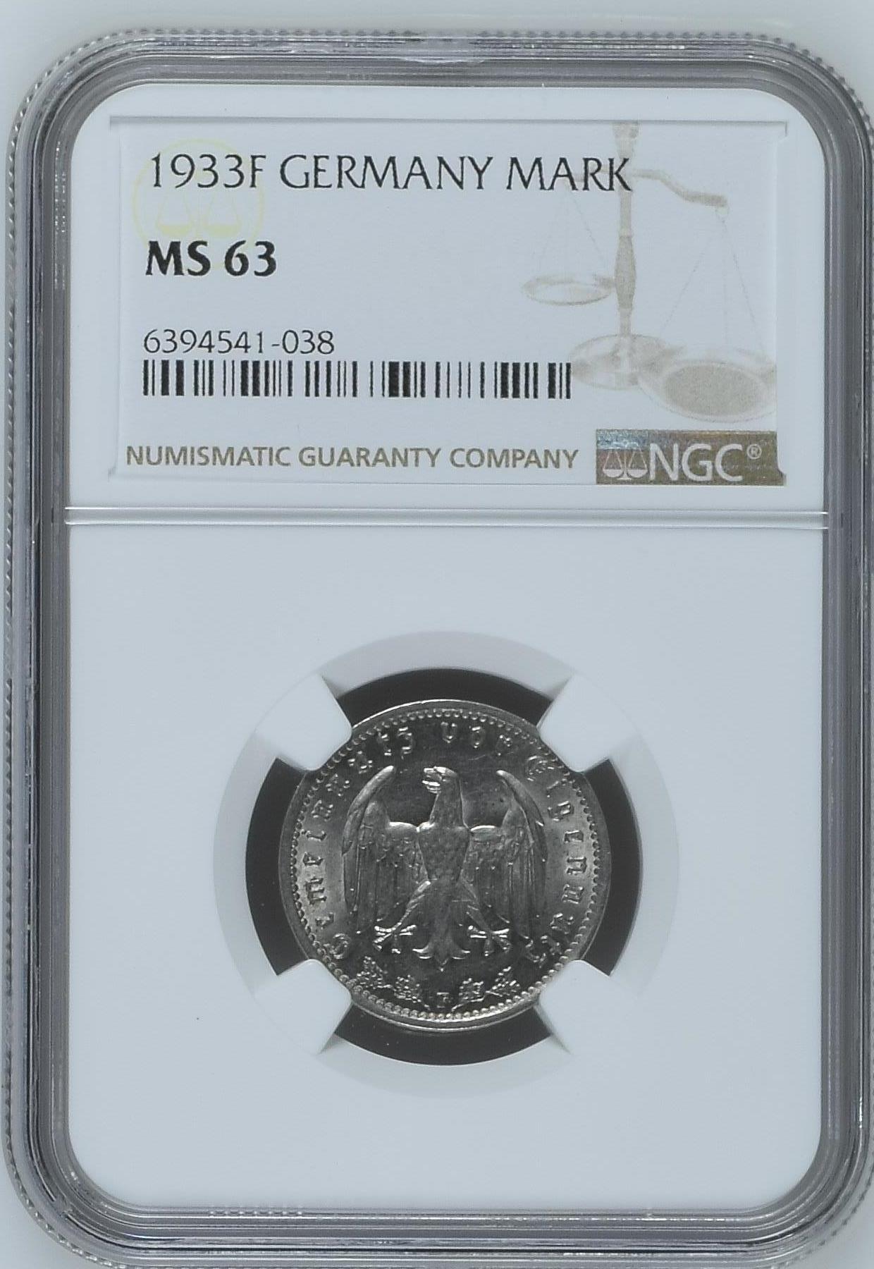 长老汇龙年精选第九场拍卖 1933F 德国第三帝国1马克镍币，NGC MS63，季军分，更高3枚
