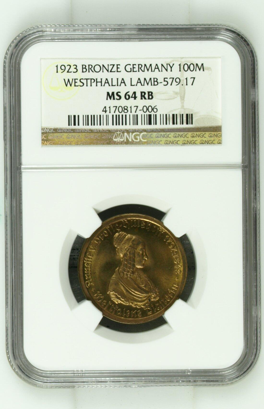 长老汇龙年精选第九场拍卖 1923德国威斯特法兰德紧马币女诗人100马克，NGC MS64RB，季军分，更高7枚