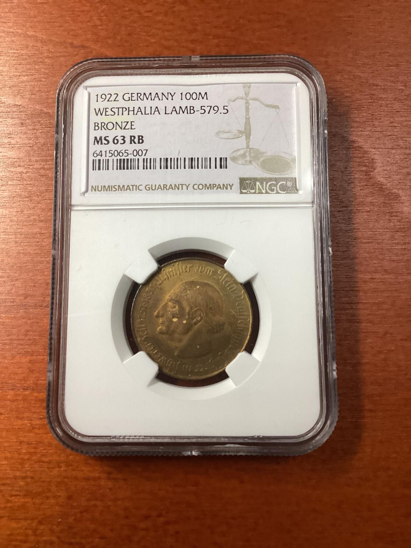 长老汇龙年精选第九场拍卖 1922 德国威斯特法兰德紧斯坦伯爵马币 100马克，NGC MS63RB，亚军分，更高3枚 