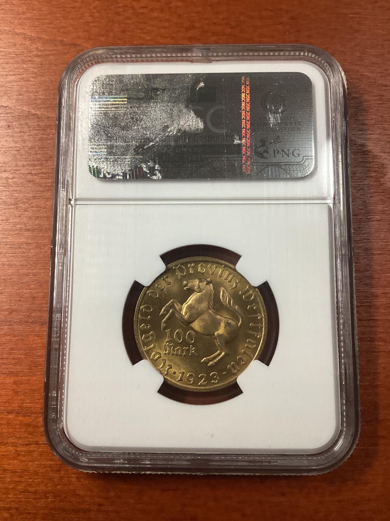 长老汇龙年精选第九场拍卖 1923德国威斯特法兰德紧马币女诗人100马克，NGC MS64RB，季军分，更高7枚